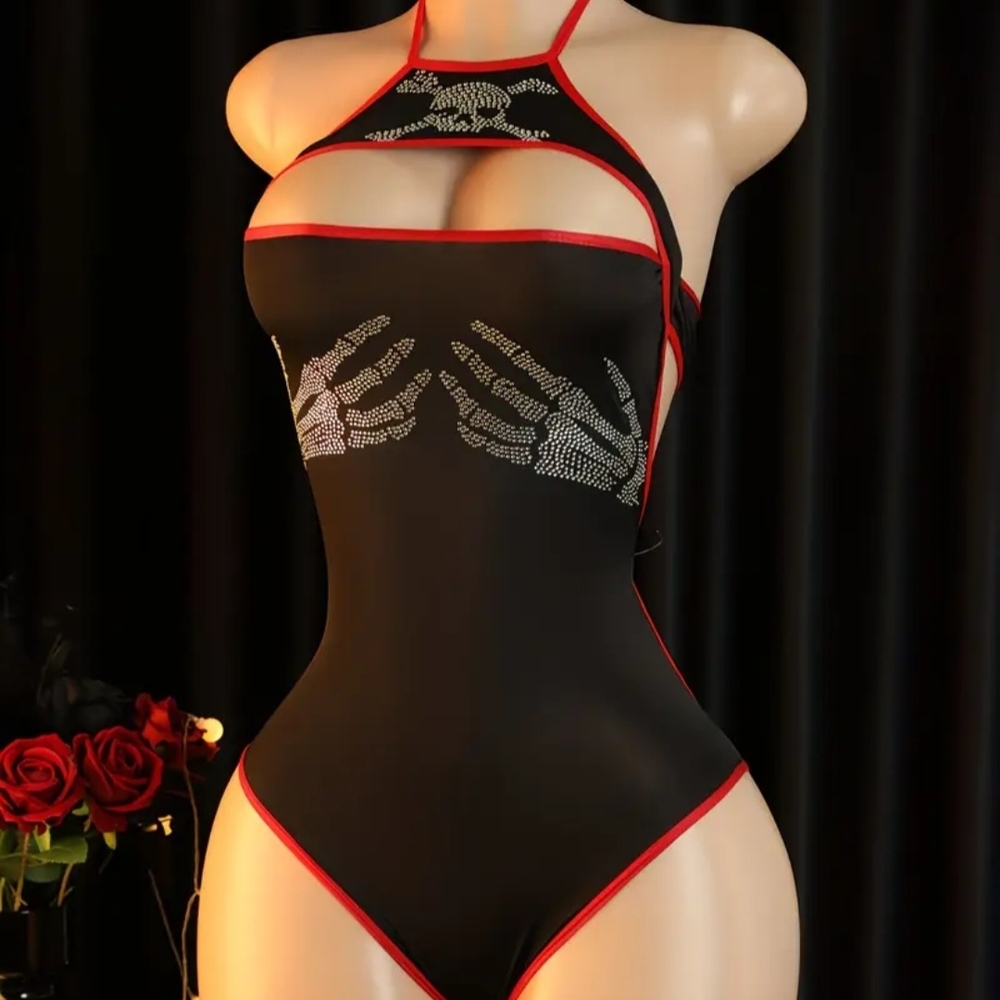 Black & Red Cut-Out Halter Bodysuit | Rhinestone Skeleton | US S